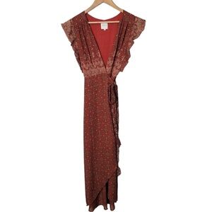 Misa LA Red Printed Ruffle Maxi Wrap Dress